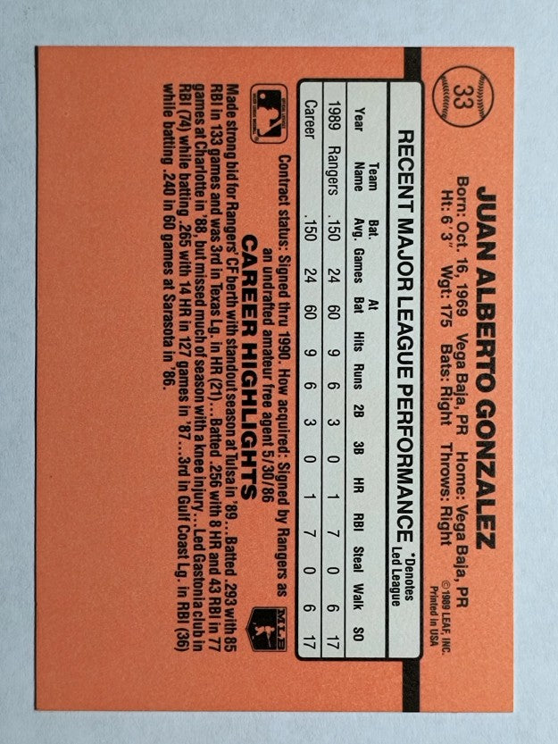 1990 Donruss #33B Juan Gonzalez COR RC