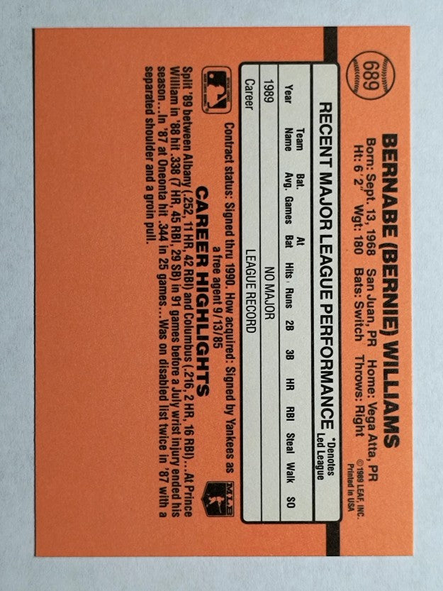 1990 Donruss #689 Bernie Williams RC