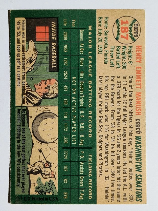 1954 Topps #187 Heinie Manush CO (EXMT)
