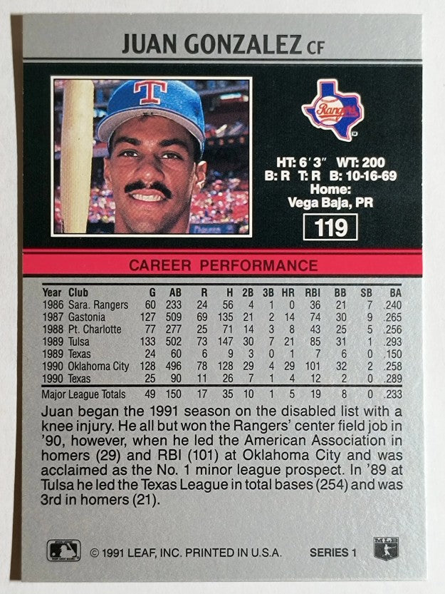 1991 Leaf #119 Juan Gonzalez