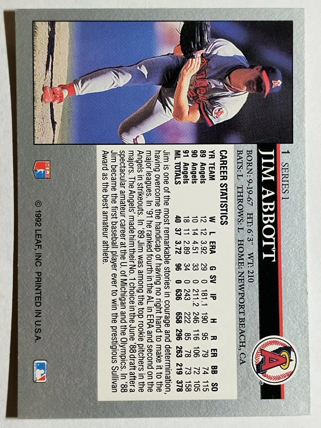 1992 Leaf #1 Jim Abbott