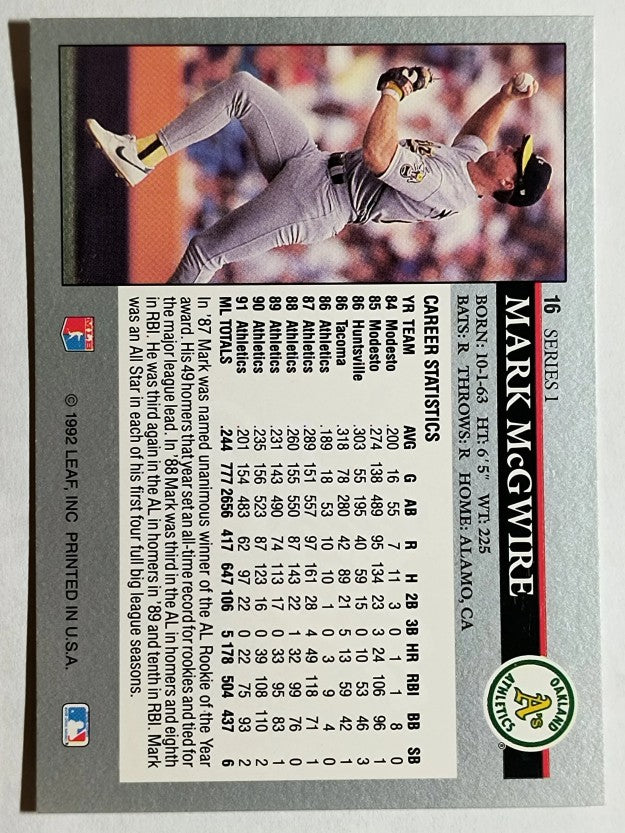 1992 Leaf #16 Mark McGwire
