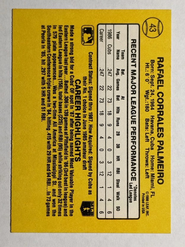 1987 Donruss #43 Rafael Palmeiro RC