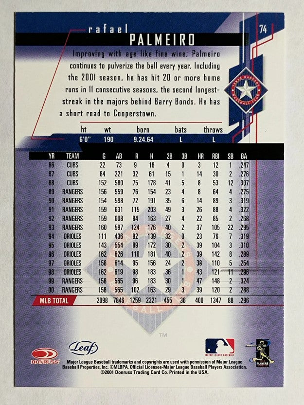 2001 Leaf Rookies and Stars #74 Rafael Palmeiro