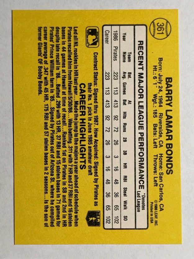 1987 Donruss #361 Barry Bonds RC