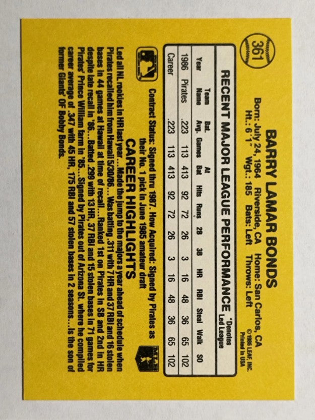 1987 Donruss #361 Barry Bonds RC