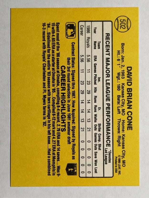 1987 Donruss #502 David Cone RC