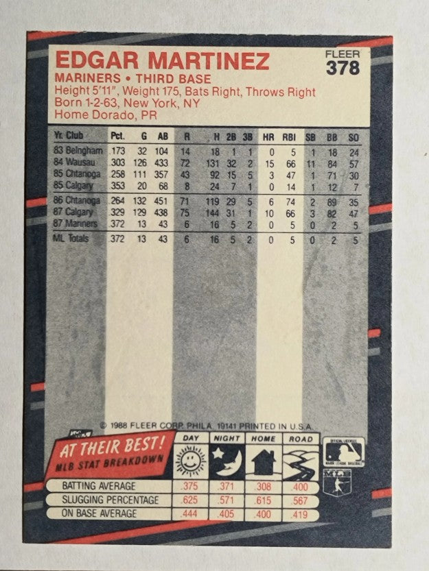 1988 Fleer #378 Edgar Martinez RC