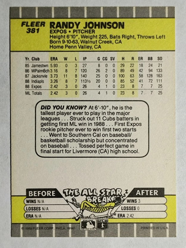 1989 Fleer #381 Randy Johnson RC