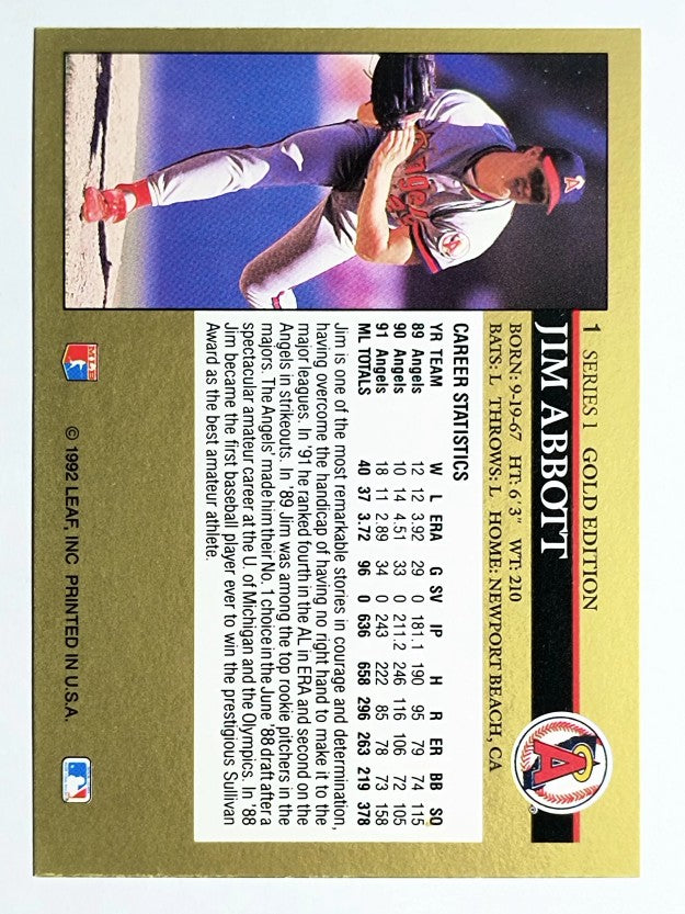 1992 Leaf Black Gold #1 Jim Abbott