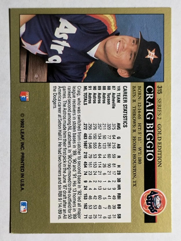 1992 Leaf Black Gold #315 Craig Biggio
