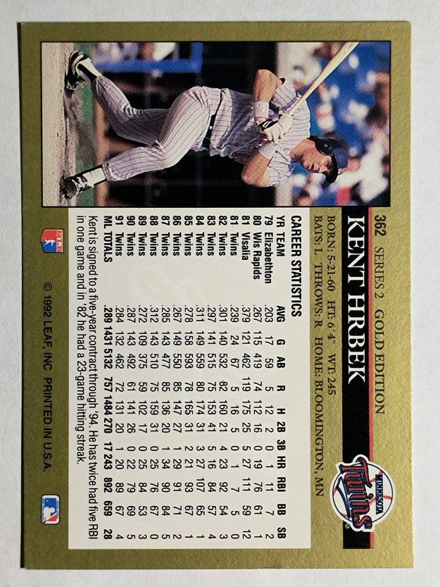 1992 Leaf Black Gold #362 Kent Hrbek