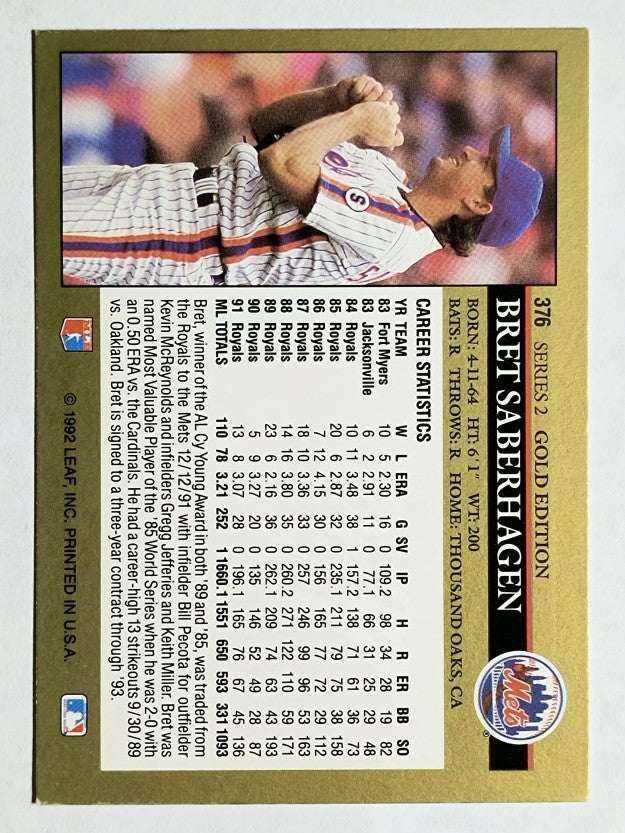 1992 Leaf Black Gold #376 Bret Saberhagen