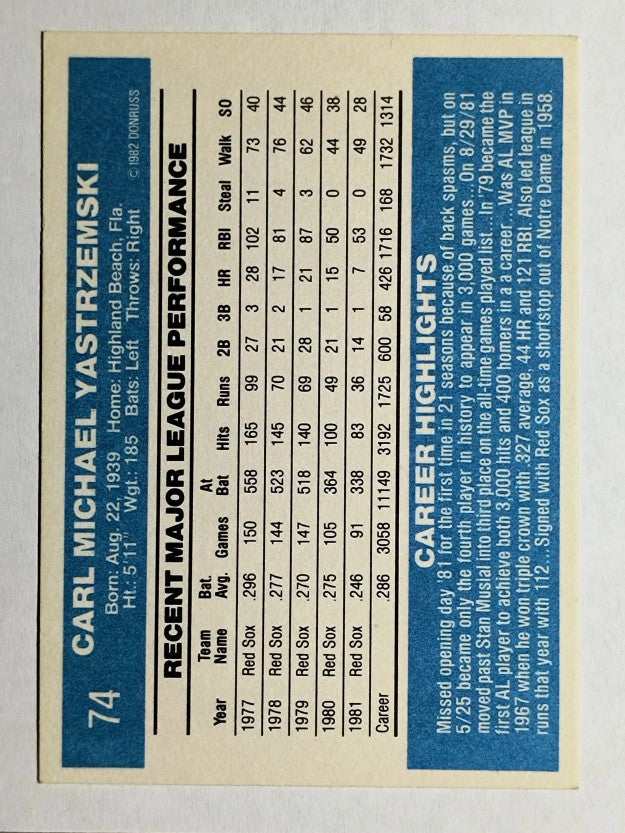 1982 Donruss #74 Carl Yastrzemski