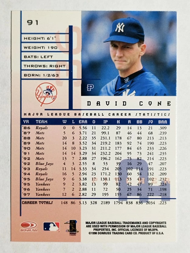 1998 Leaf Rookies and Stars #91 David Cone