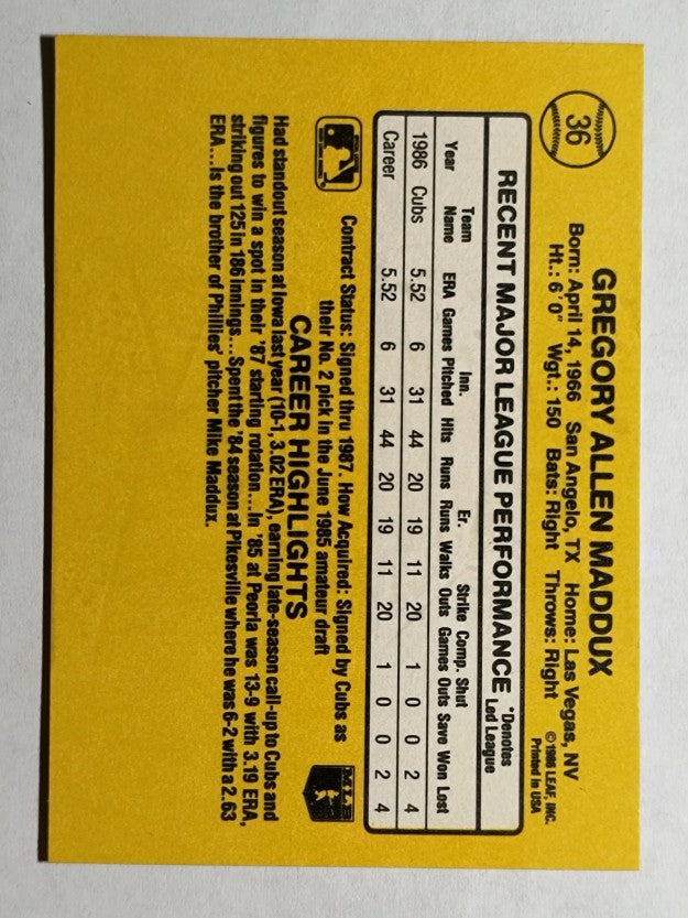 1987 Donruss #36 Greg Maddux RC