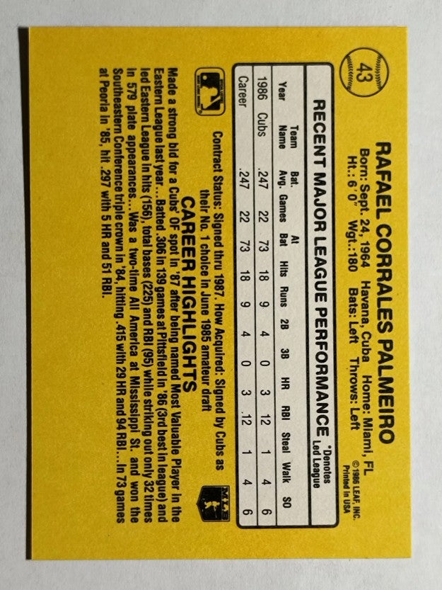 1987 Donruss #43 Rafael Palmeiro RC (EXMT)