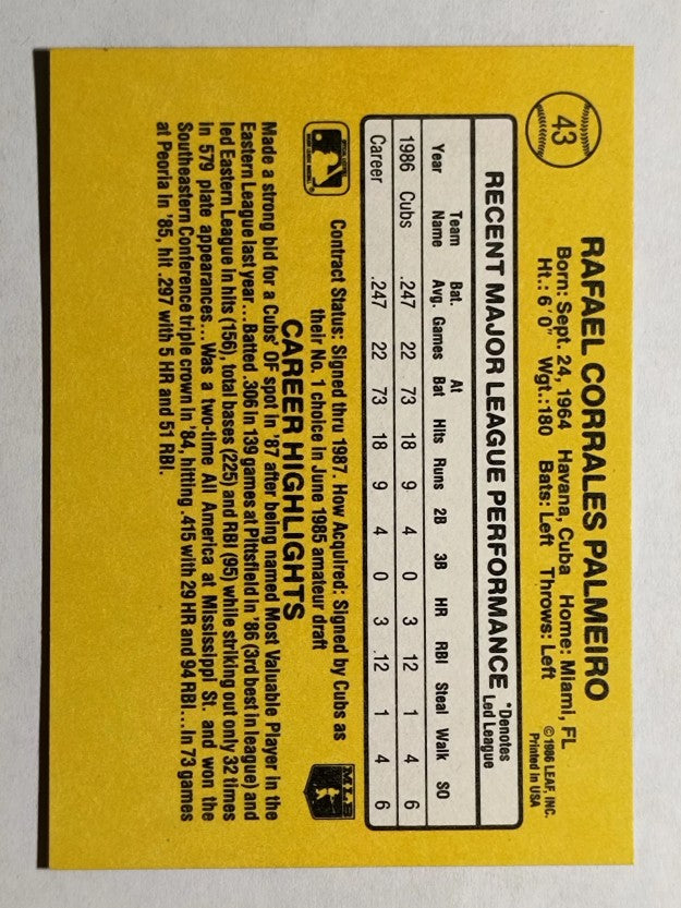 1987 Donruss #43 Rafael Palmeiro RC