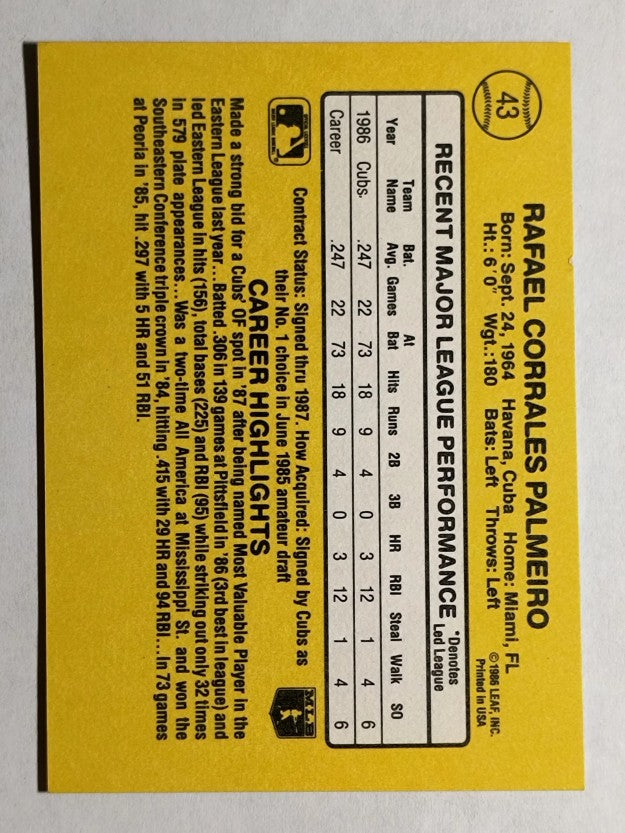 1987 Donruss #43 Rafael Palmeiro RC