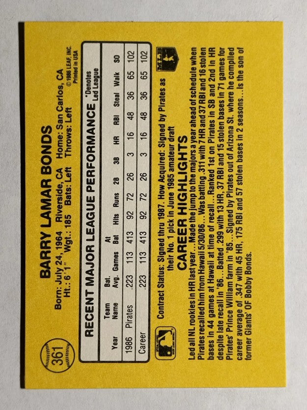 1987 Donruss #361 Barry Bonds RC