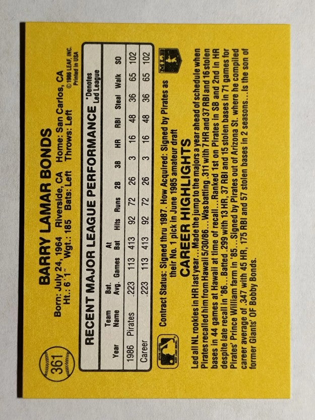 1987 Donruss #361 Barry Bonds RC