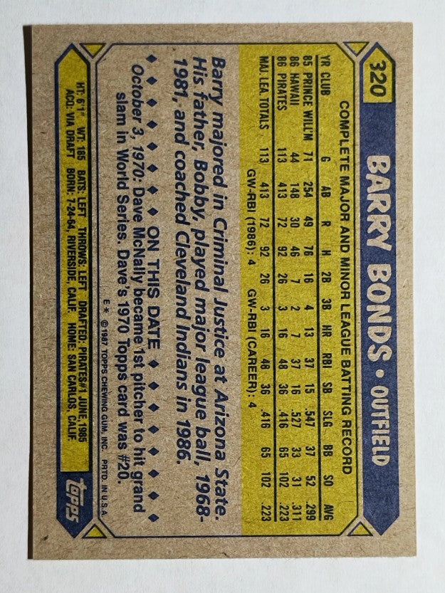 1987 Topps #320 Barry Bonds RC