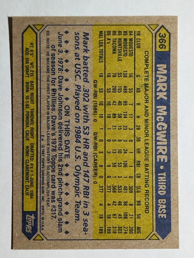 1987 Topps #366 Mark McGwire