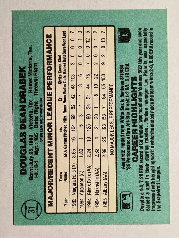 1986 Donruss Rookies #31 Doug Drabek XRC