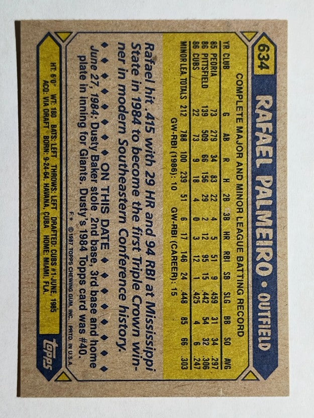 1987 Topps #634 Rafael Palmeiro RC