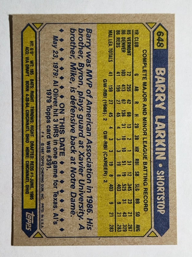 1987 Topps #648 Barry Larkin RC