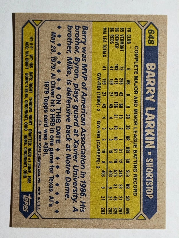 1987 Topps #648 Barry Larkin RC