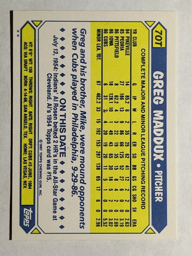1987 Topps Traded #70T Greg Maddux XRC
