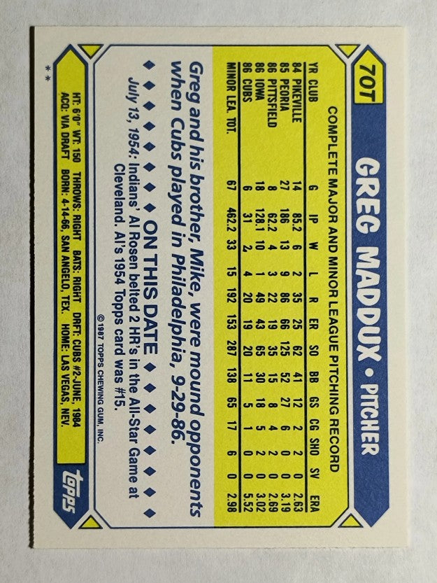 1987 Topps Traded #70T Greg Maddux XRC