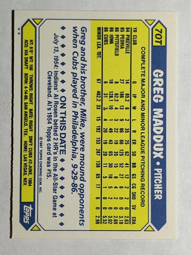 1987 Topps Traded #70T Greg Maddux XRC