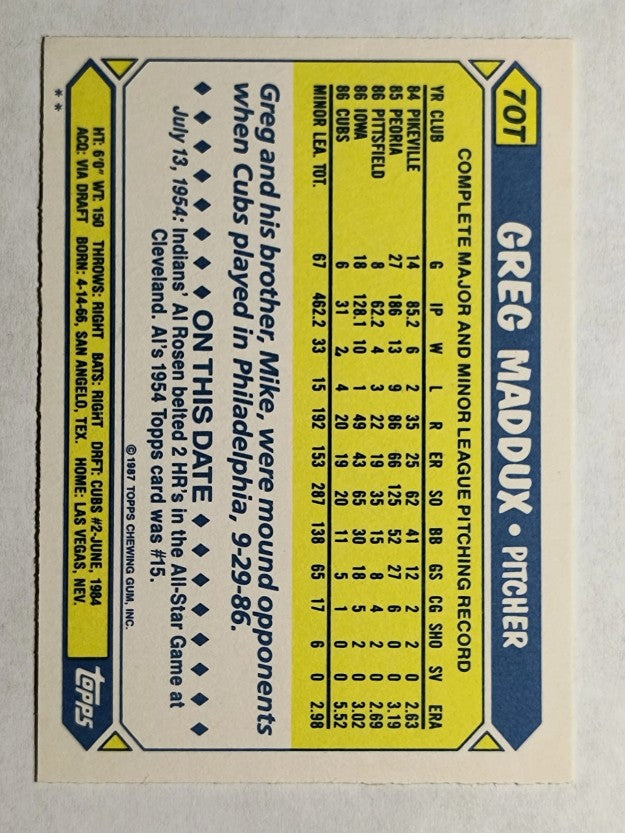 1987 Topps Traded #70T Greg Maddux XRC