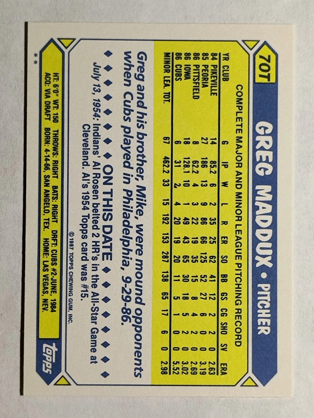 1987 Topps Traded #70T Greg Maddux XRC