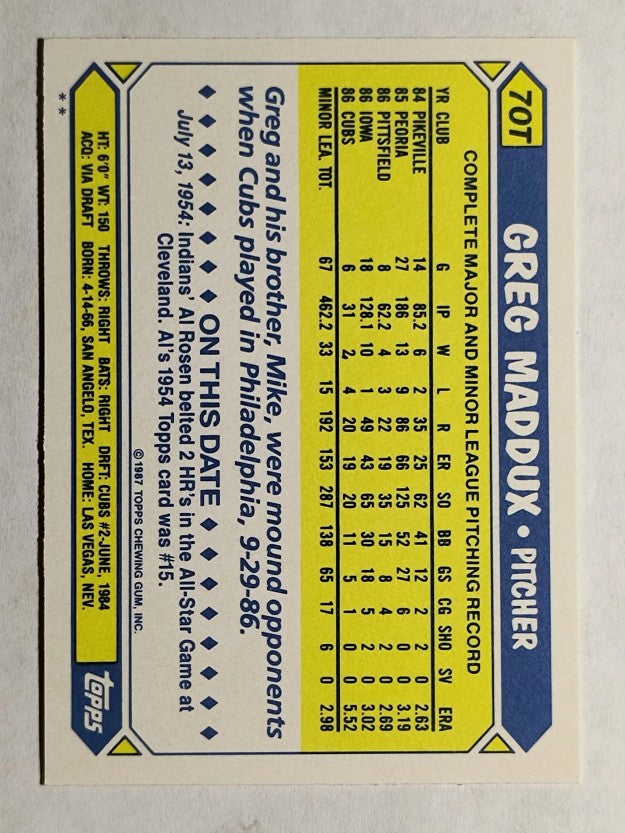 1987 Topps Traded #70T Greg Maddux XRC