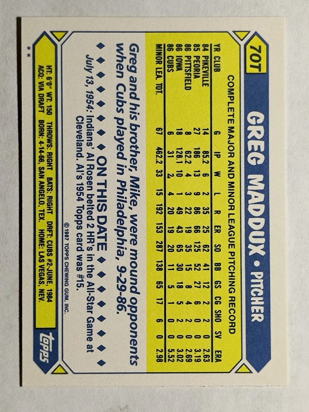 1987 Topps Traded #70T Greg Maddux XRC