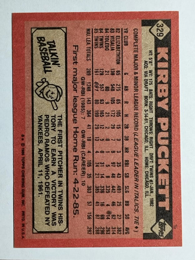 1986 Topps #329 Kirby Puckett