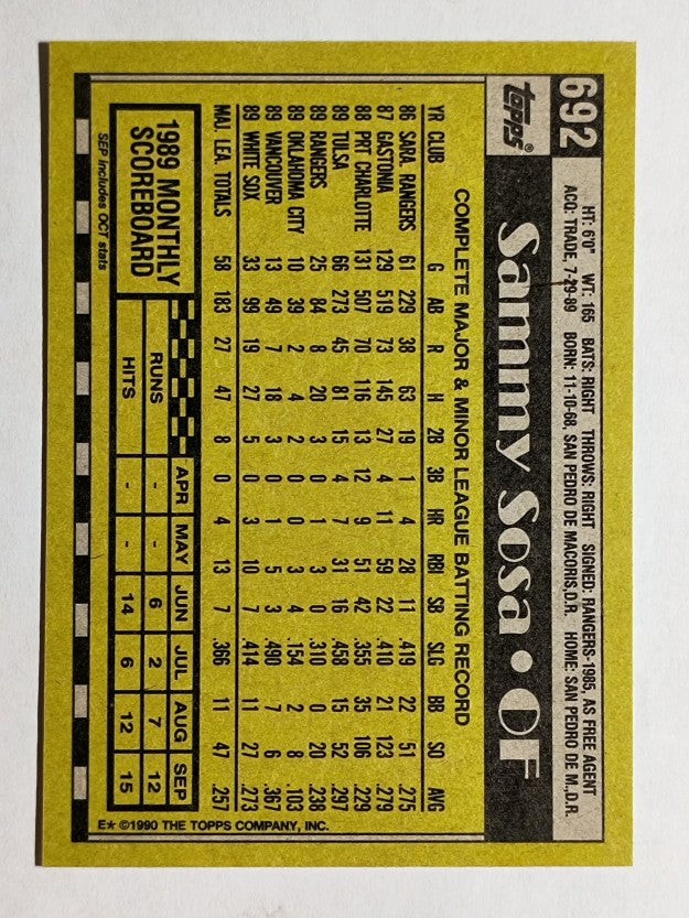 1990 Topps #692 Sammy Sosa RC