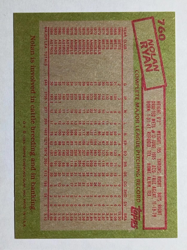 1985 Topps #760 Nolan Ryan