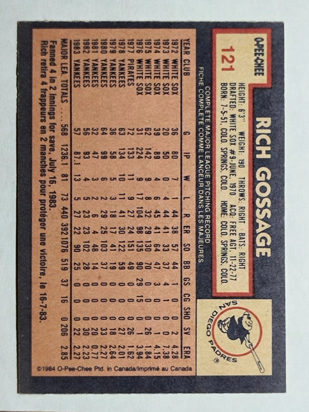 1984 O-Pee-Chee #121 Rich Gossage