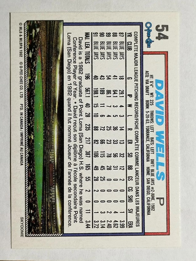 1992 O-Pee-Chee #54 David Wells
