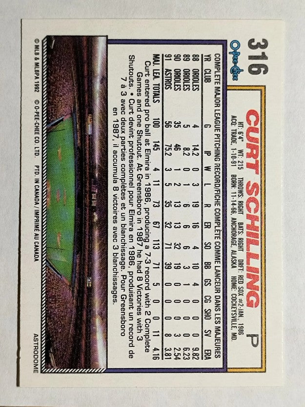 1992 O-Pee-Chee #316 Curt Schilling