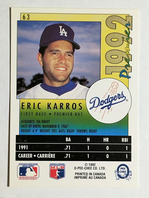 1992 O-Pee-Chee Premier #63 Eric Karros