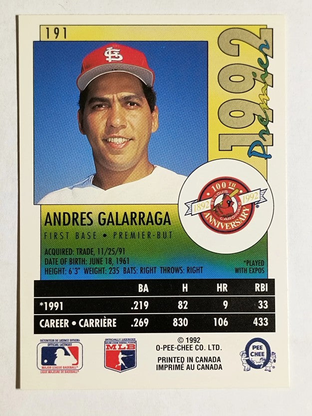 1992 O-Pee-Chee Premier #191 Andres Galarraga