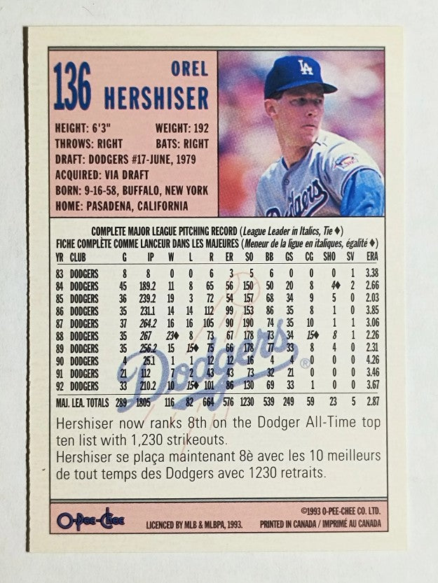 1993 O-Pee-Chee #136 Orel Hershiser