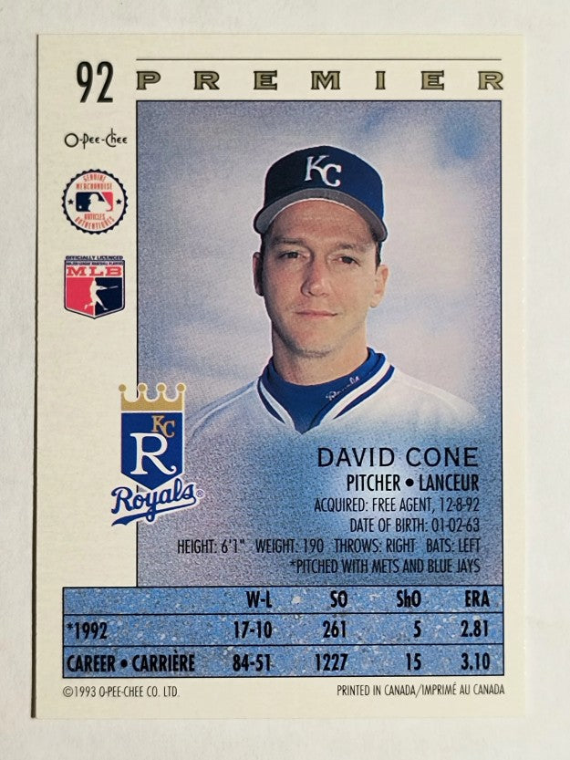 1993 O-Pee-Chee Premier #92 David Cone