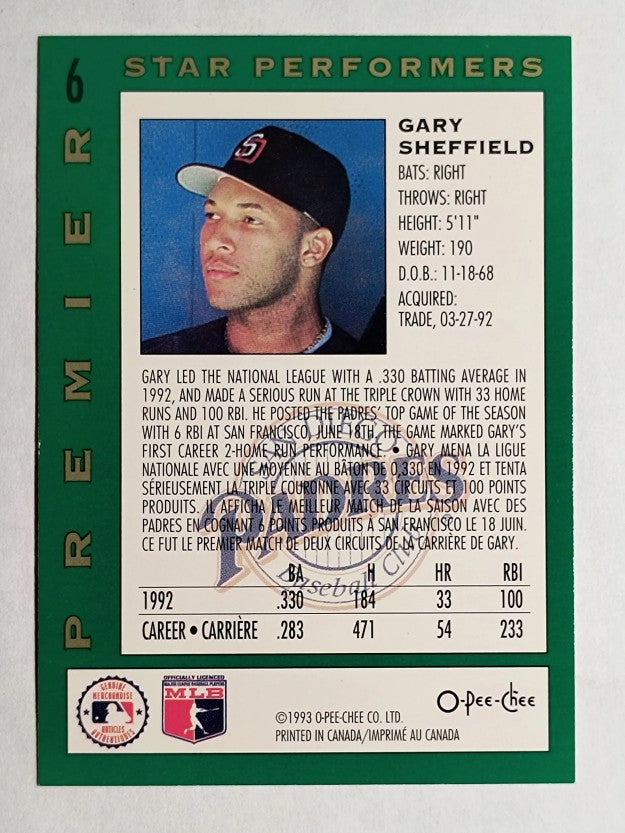 1993 O-Pee-Chee Premier Star Performers #6 Gary Sheffield