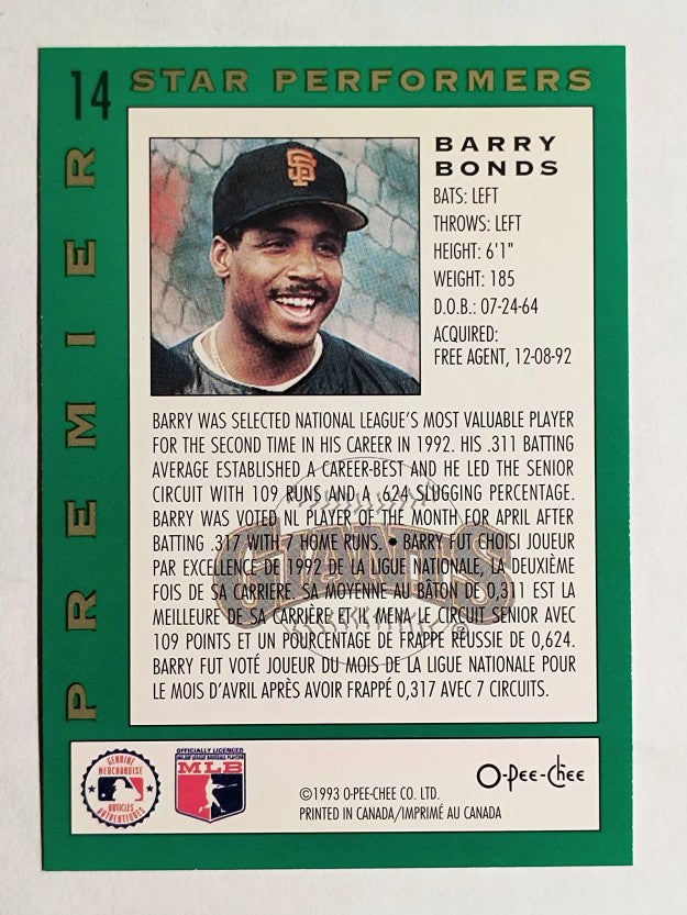 1993 O-Pee-Chee Premier Star Performers #14 Barry Bonds